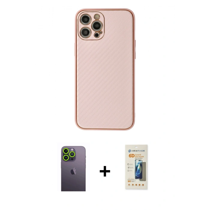 MARSİLYAN™- iPhone 12 Pro Kılıf Ahenk Işık - Siyah 6D Mat Seramik Hayalet Nano Ekran Koruyucu + Neon Fosforlu Kamera Lens - YL