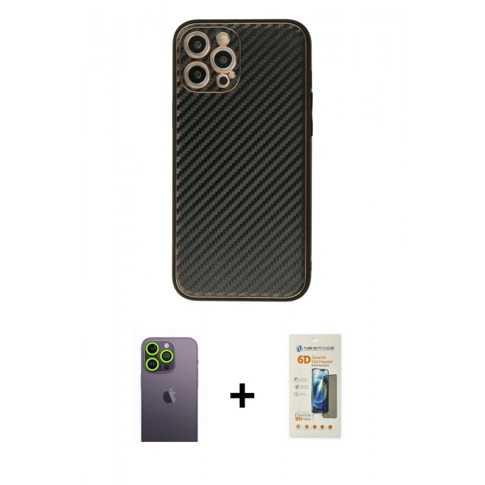 MARSİLYAN™- iPhone 12 Pro Kılıf Ahenk Işık - Siyah 6D Mat Seramik Hayalet Nano Ekran Koruyucu + Neon Fosforlu Kamera Lens - YL