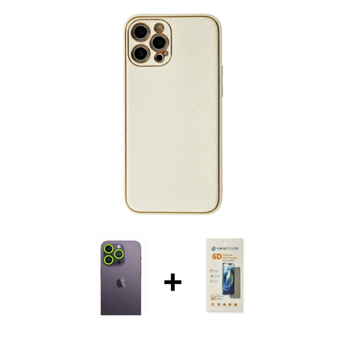MARSİLYAN™- iPhone 12 Pro Kılıf Ahenk Işık - Siyah 6D Mat Seramik Hayalet Nano Ekran Koruyucu + Neon Fosforlu Kamera Lens - YL
