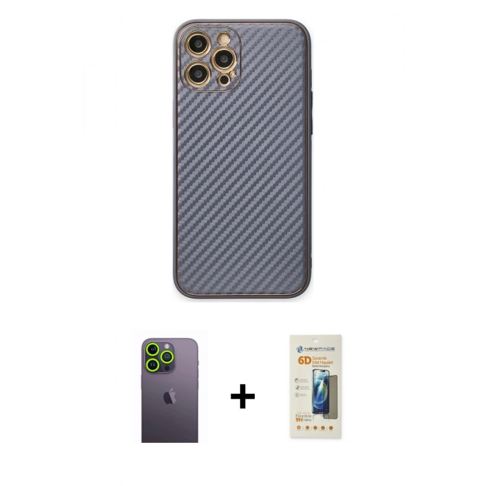 MARSİLYAN™- iPhone 12 Pro Kılıf Ahenk Işık - Siyah 6D Mat Seramik Hayalet Nano Ekran Koruyucu + Neon Fosforlu Kamera Lens - YL