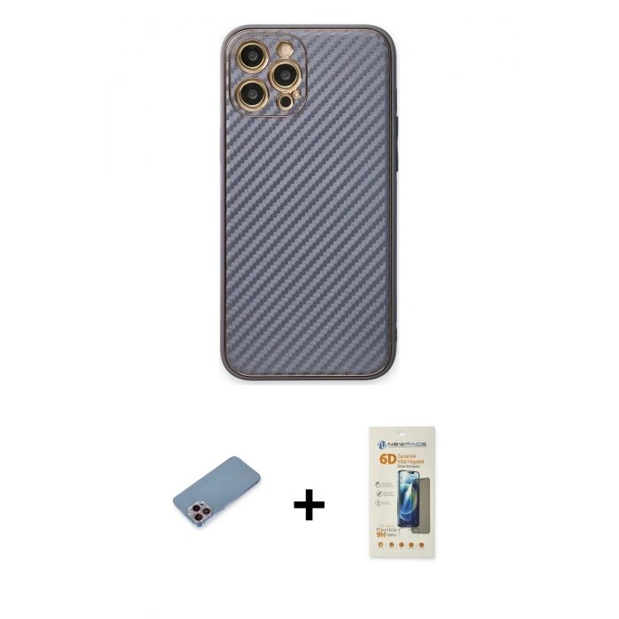 MARSİLYAN™- iPhone 12 Pro Kılıf Ahenk Işık - Siyah 6D Mat Seramik Hayalet Nano Ekran Koruyucu + Pembe Shine Kamera Lens Koruma Cam