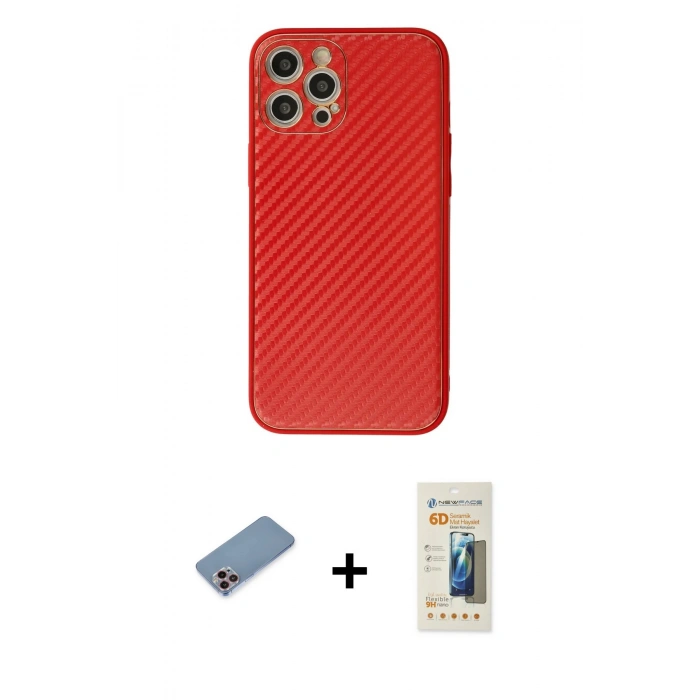 MARSİLYAN™- iPhone 12 Pro Kılıf Ahenk Işık - Siyah 6D Mat Seramik Hayalet Nano Ekran Koruyucu + Pembe Shine Kamera Lens Koruma Cam