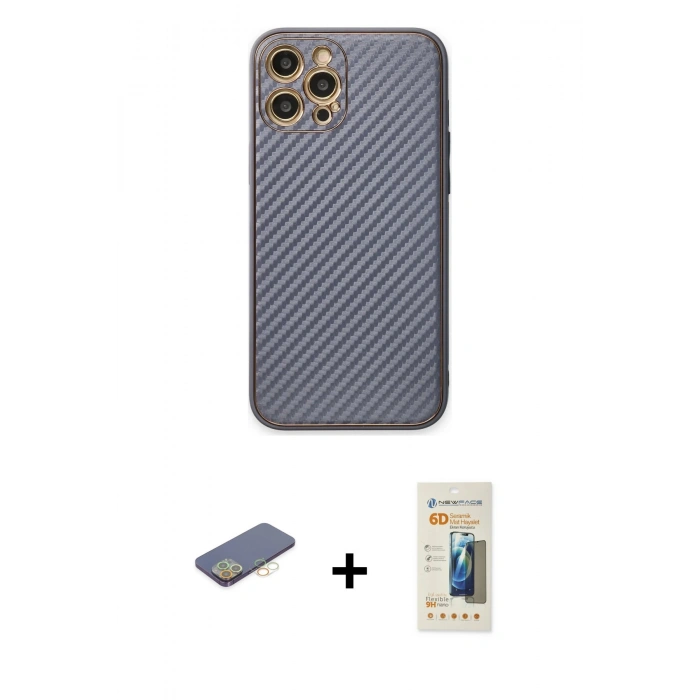 MARSİLYAN™- iPhone 12 Pro Kılıf Ahenk Işık - Siyah 6D Mat Seramik Hayalet Nano Ekran Koruyucu + Renkli Kamera Lens Koruma Cam - SI