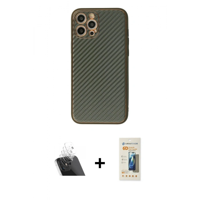 MARSİLYAN™- iPhone 12 Pro Kılıf Ahenk Işık - Siyah 6D Mat Seramik Hayalet Nano Ekran Koruyucu + Kamera Lens Koruma Cam - SF