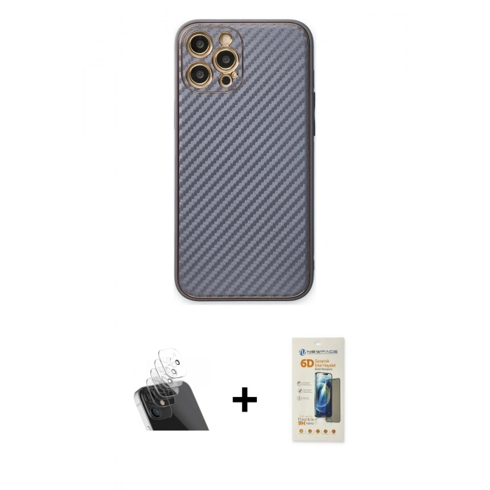 MARSİLYAN™- iPhone 12 Pro Kılıf Ahenk Işık - Siyah 6D Mat Seramik Hayalet Nano Ekran Koruyucu + Kamera Lens Koruma Cam - SF