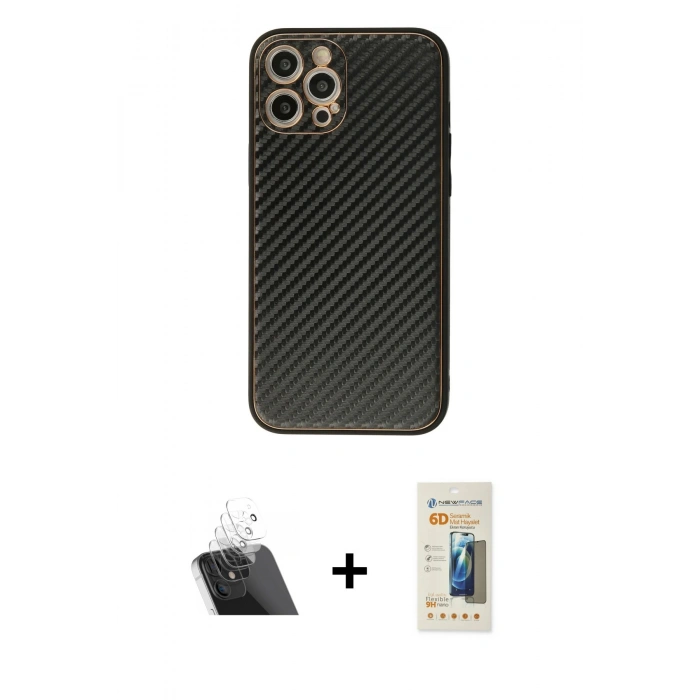 MARSİLYAN™- iPhone 12 Pro Kılıf Ahenk Işık - Siyah 6D Mat Seramik Hayalet Nano Ekran Koruyucu + Kamera Lens Koruma Cam - SF