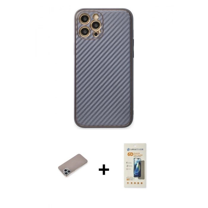 MARSİLYAN™- iPhone 12 Pro Kılıf Ahenk Işık - Siyah 6D Mat Seramik Hayalet Nano Ekran Koruyucu + Shine Kamera Lens Koruma Cam - SABE