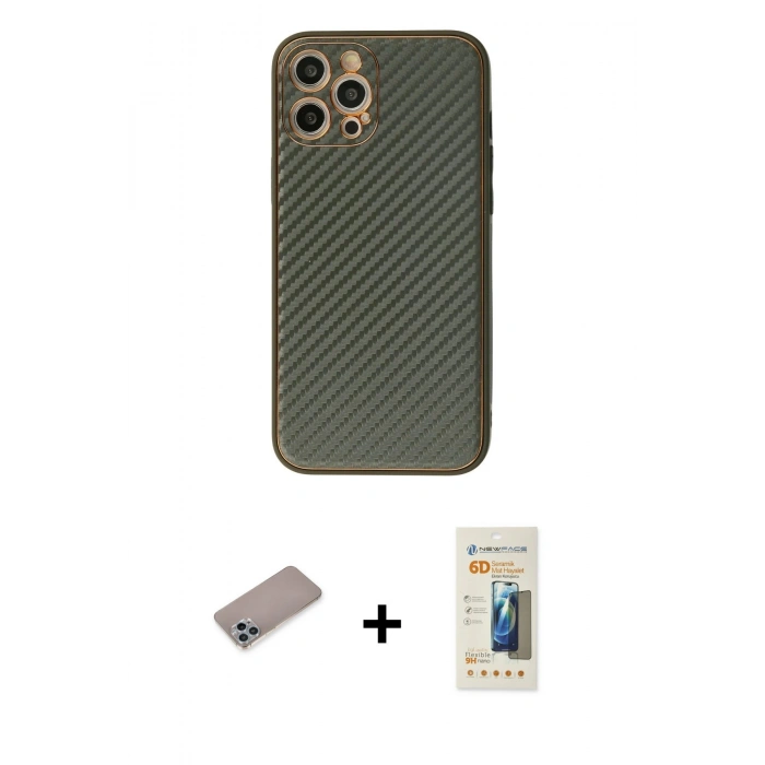MARSİLYAN™- iPhone 12 Pro Kılıf Ahenk Işık - Siyah 6D Mat Seramik Hayalet Nano Ekran Koruyucu + Shine Kamera Lens Koruma Cam - SABE