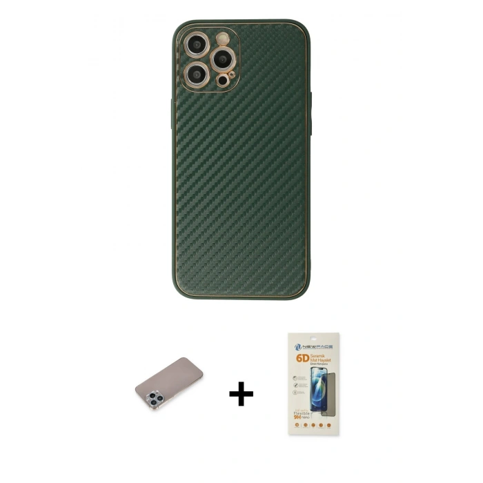 MARSİLYAN™- iPhone 12 Pro Kılıf Ahenk Işık - Siyah 6D Mat Seramik Hayalet Nano Ekran Koruyucu + Shine Kamera Lens Koruma Cam - SABE