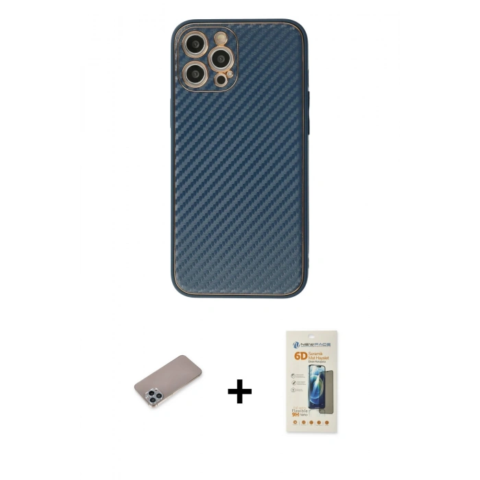 MARSİLYAN™- iPhone 12 Pro Kılıf Ahenk Işık - Siyah 6D Mat Seramik Hayalet Nano Ekran Koruyucu + Shine Kamera Lens Koruma Cam - SABE