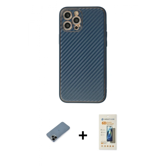 MARSİLYAN™- iPhone 12 Pro Kılıf Ahenk Işık - Siyah 6D Mat Seramik Hayalet Nano Ekran Koruyucu + Shine Kamera Lens Koruma Cam - SH