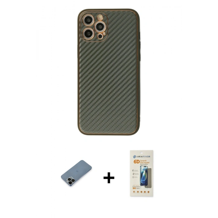 MARSİLYAN™- iPhone 12 Pro Kılıf Ahenk Işık - Siyah 6D Mat Seramik Hayalet Nano Ekran Koruyucu + Shine Kamera Lens Koruma Cam - SH
