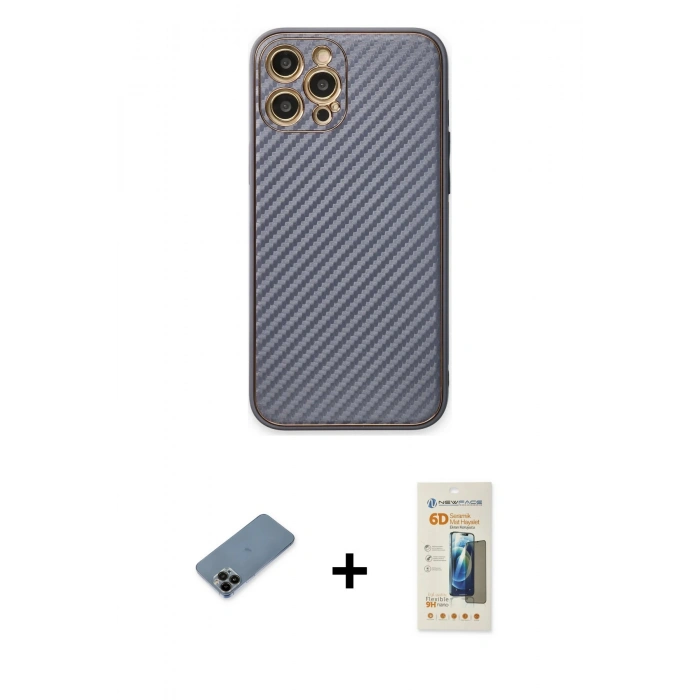 MARSİLYAN™- iPhone 12 Pro Kılıf Ahenk Işık - Siyah 6D Mat Seramik Hayalet Nano Ekran Koruyucu + Shine Kamera Lens Koruma Cam - SH