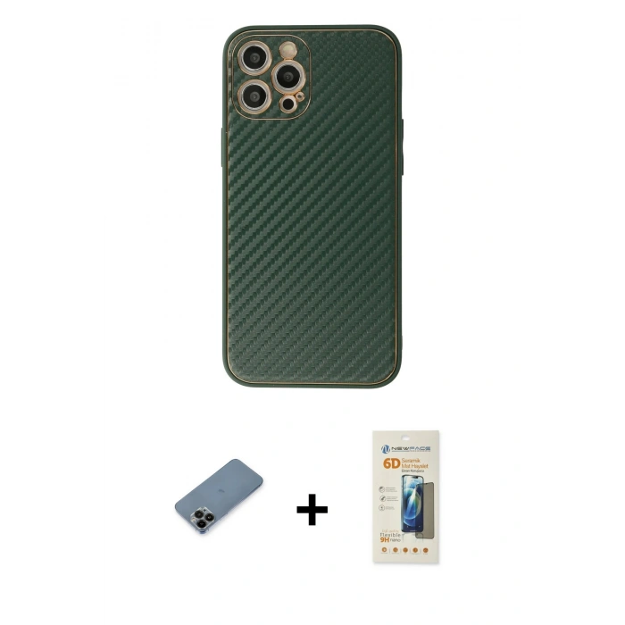 MARSİLYAN™- iPhone 12 Pro Kılıf Ahenk Işık - Siyah 6D Mat Seramik Hayalet Nano Ekran Koruyucu + Shine Kamera Lens Koruma Cam - SH