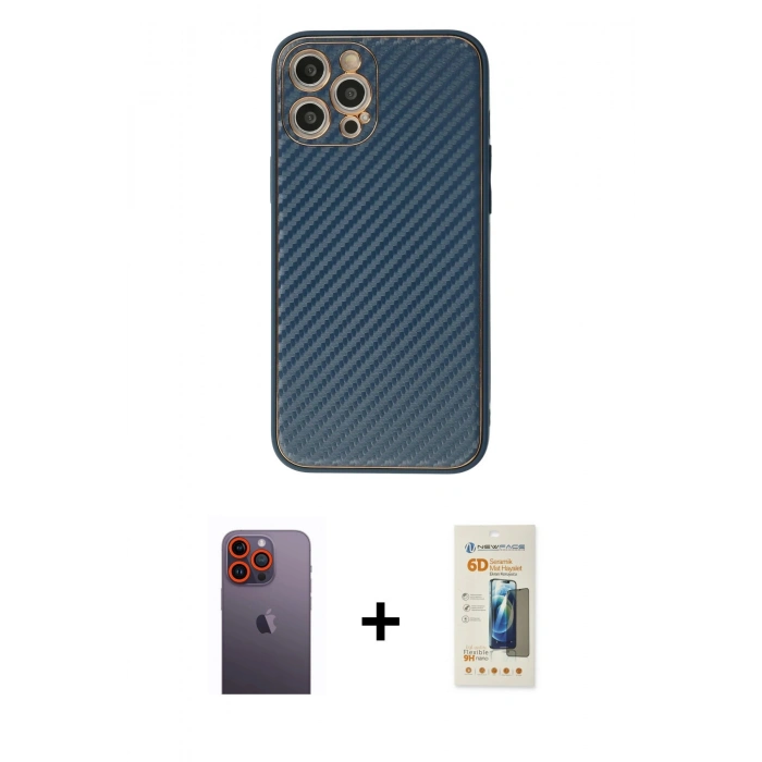MARSİLYAN™- iPhone 12 Pro Kılıf Ahenk Işık - Siyah 6D Mat Seramik Hayalet Nano Ekran Koruyucu + Neon Fosforlu Kamera Lens - TU