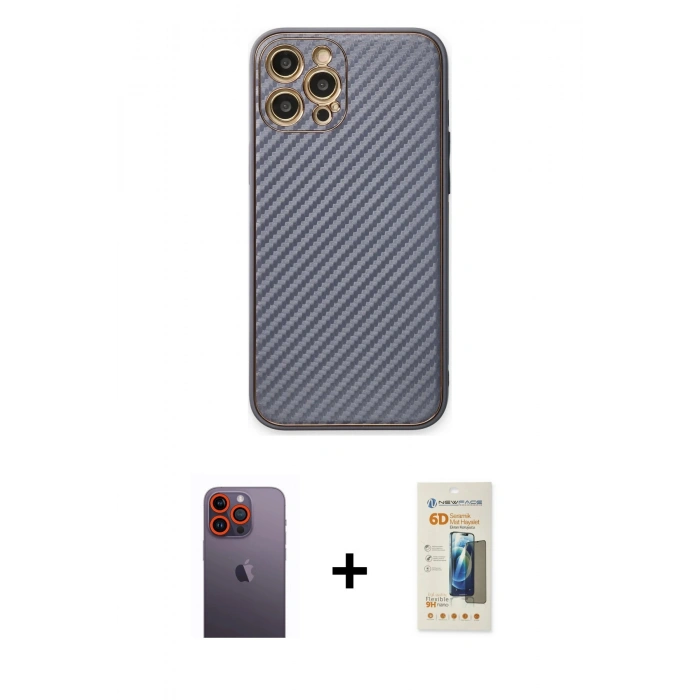 MARSİLYAN™- iPhone 12 Pro Kılıf Ahenk Işık - Siyah 6D Mat Seramik Hayalet Nano Ekran Koruyucu + Neon Fosforlu Kamera Lens - TU