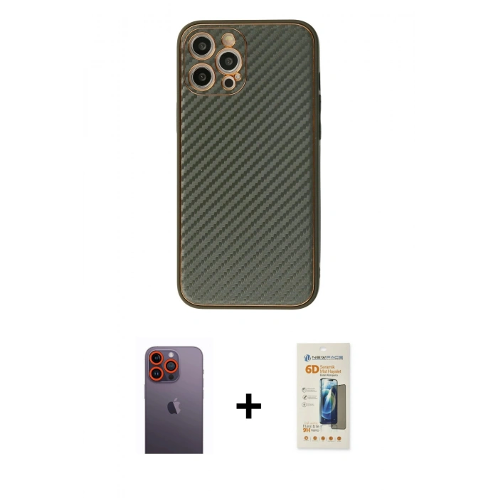 MARSİLYAN™- iPhone 12 Pro Kılıf Ahenk Işık - Siyah 6D Mat Seramik Hayalet Nano Ekran Koruyucu + Neon Fosforlu Kamera Lens - TU
