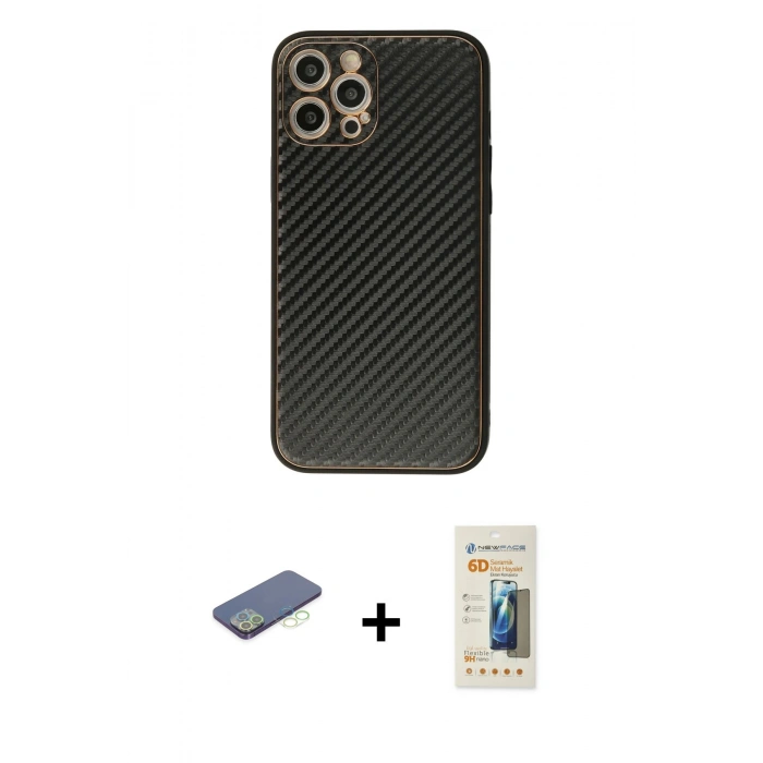 MARSİLYAN™- iPhone 12 Pro Kılıf Ahenk Işık - Siyah 6D Mat Seramik Hayalet Nano Ekran Koruyucu + Renkli Kamera Lens Koruma Cam - YL