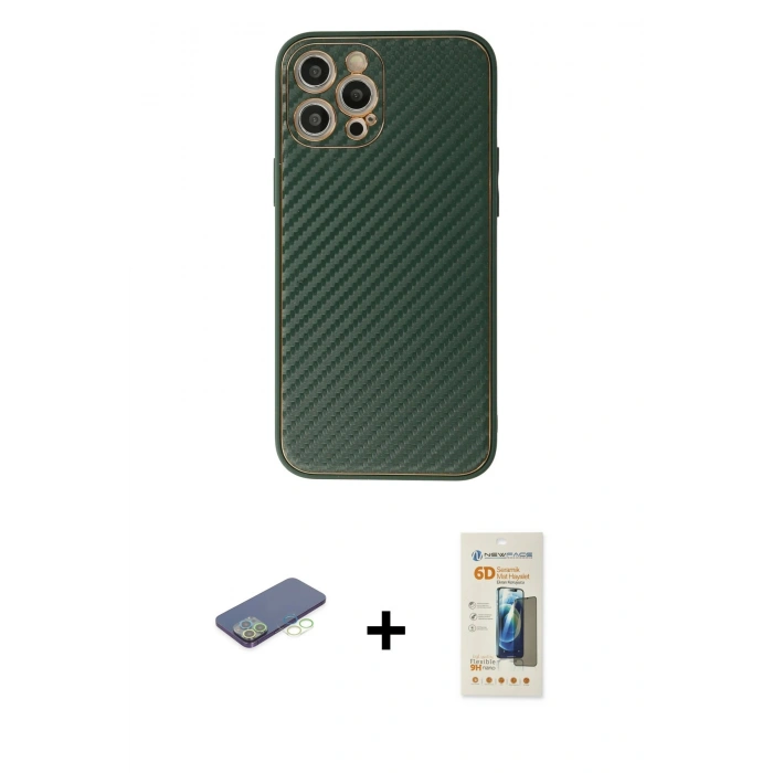 MARSİLYAN™- iPhone 12 Pro Kılıf Ahenk Işık - Siyah 6D Mat Seramik Hayalet Nano Ekran Koruyucu + Renkli Kamera Lens Koruma Cam - YL