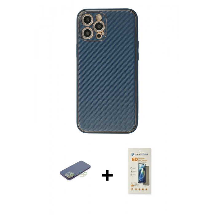 MARSİLYAN™- iPhone 12 Pro Kılıf Ahenk Işık - Siyah 6D Mat Seramik Hayalet Nano Ekran Koruyucu + Renkli Kamera Lens Koruma Cam - YL