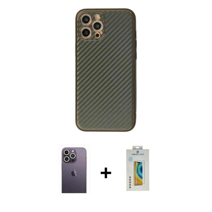 MARSİLYAN™- iPhone 12 Pro Kılıf Ahenk Işık - Siyah Polymer Nano Ekran Koruyucu + Neon Fosforlu Kamera Lens - BZ