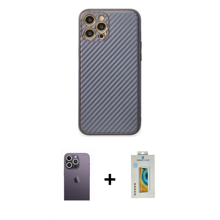 MARSİLYAN™- iPhone 12 Pro Kılıf Ahenk Işık - Siyah Polymer Nano Ekran Koruyucu + Neon Fosforlu Kamera Lens - BZ