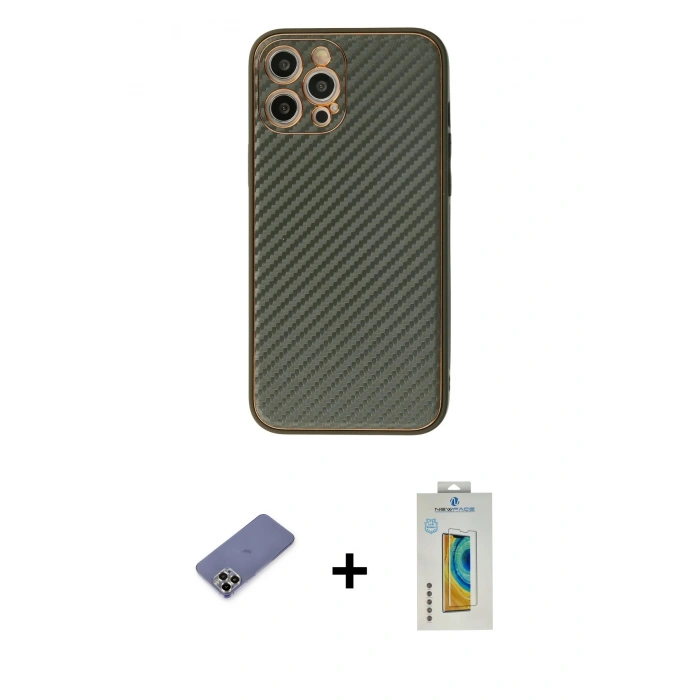 MARSİLYAN™- iPhone 12 Pro Kılıf Ahenk Işık - Siyah Polymer Nano Ekran Koruyucu + Metal Kamera Lens Koruma Cam - GD