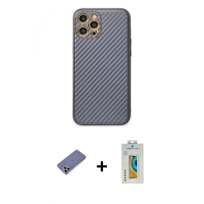 MARSİLYAN™- iPhone 12 Pro Kılıf Ahenk Işık - Siyah Polymer Nano Ekran Koruyucu + Metal Kamera Lens Koruma Cam - GD