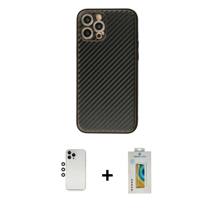MARSİLYAN™- iPhone 12 Pro Kılıf Ahenk Işık - Siyah Polymer Nano Ekran Koruyucu + Shine Kamera Lens - GS