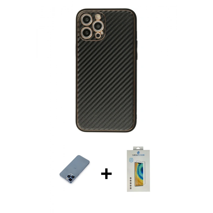 MARSİLYAN™- iPhone 12 Pro Kılıf Ahenk Işık - Siyah Polymer Nano Ekran Koruyucu + Metal Kamera Lens Koruma Cam - MI