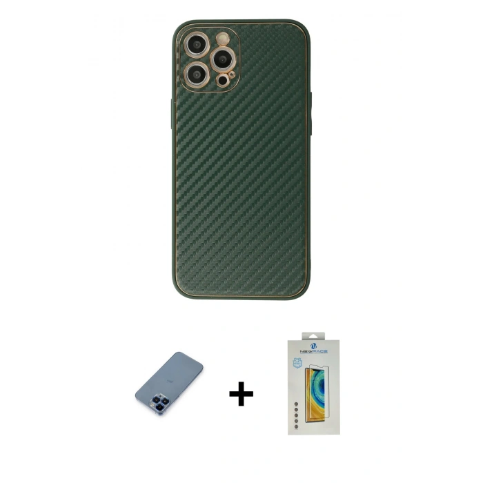 MARSİLYAN™- iPhone 12 Pro Kılıf Ahenk Işık - Siyah Polymer Nano Ekran Koruyucu + Metal Kamera Lens Koruma Cam - MI