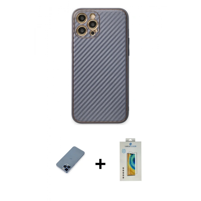 MARSİLYAN™- iPhone 12 Pro Kılıf Ahenk Işık - Siyah Polymer Nano Ekran Koruyucu + Metal Kamera Lens Koruma Cam - MI