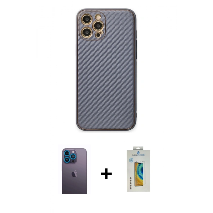 MARSİLYAN™- iPhone 12 Pro Kılıf Ahenk Işık - Siyah Polymer Nano Ekran Koruyucu + Neon Fosforlu Kamera Lens - MI