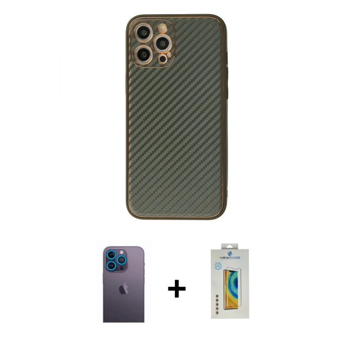 MARSİLYAN™- iPhone 12 Pro Kılıf Ahenk Işık - Siyah Polymer Nano Ekran Koruyucu + Neon Fosforlu Kamera Lens - MI