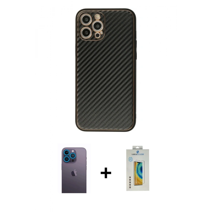 MARSİLYAN™- iPhone 12 Pro Kılıf Ahenk Işık - Siyah Polymer Nano Ekran Koruyucu + Neon Fosforlu Kamera Lens - MI