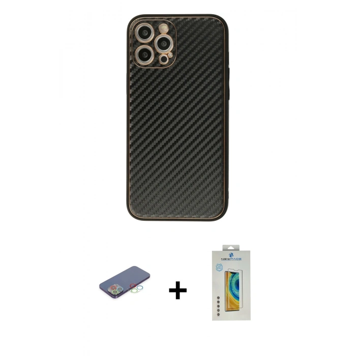MARSİLYAN™- iPhone 12 Pro Kılıf Ahenk Işık - Siyah Polymer Nano Ekran Koruyucu + Mavi Renkli Kamera Lens Koruma Cam
