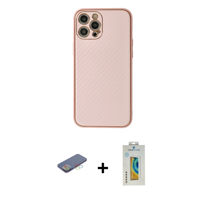 MARSİLYAN™- iPhone 12 Pro Kılıf Ahenk Işık - Siyah Polymer Nano Ekran Koruyucu + Mavi Renkli Kamera Lens Koruma Cam