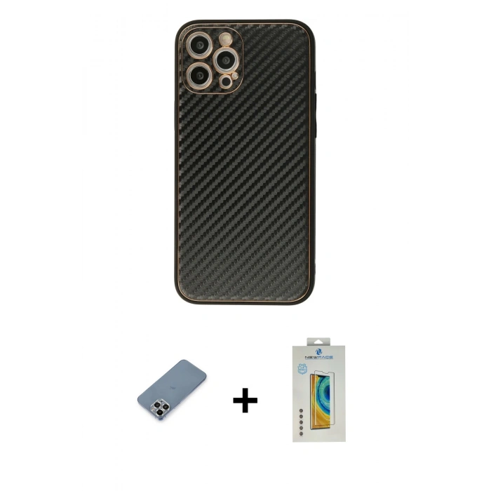MARSİLYAN™- iPhone 12 Pro Kılıf Ahenk Işık - Siyah Polymer Nano Ekran Koruyucu + Metal Kamera Lens Koruma Cam - GS