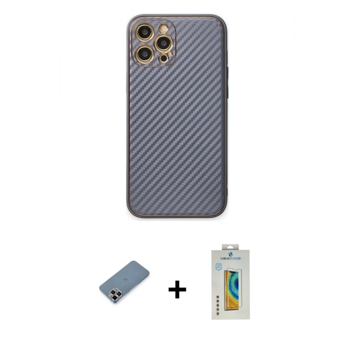 MARSİLYAN™- iPhone 12 Pro Kılıf Ahenk Işık - Siyah Polymer Nano Ekran Koruyucu + Metal Kamera Lens Koruma Cam - MR