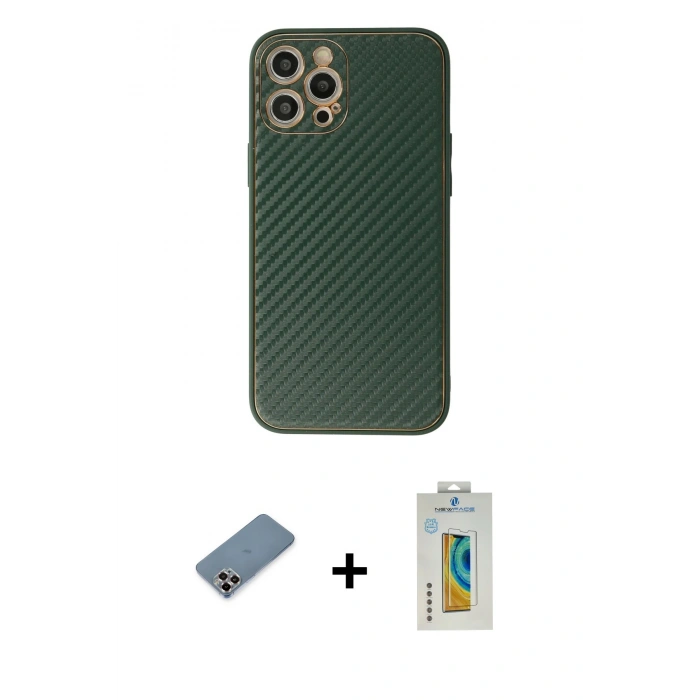 MARSİLYAN™- iPhone 12 Pro Kılıf Ahenk Işık - Siyah Polymer Nano Ekran Koruyucu + Metal Kamera Lens Koruma Cam - MR