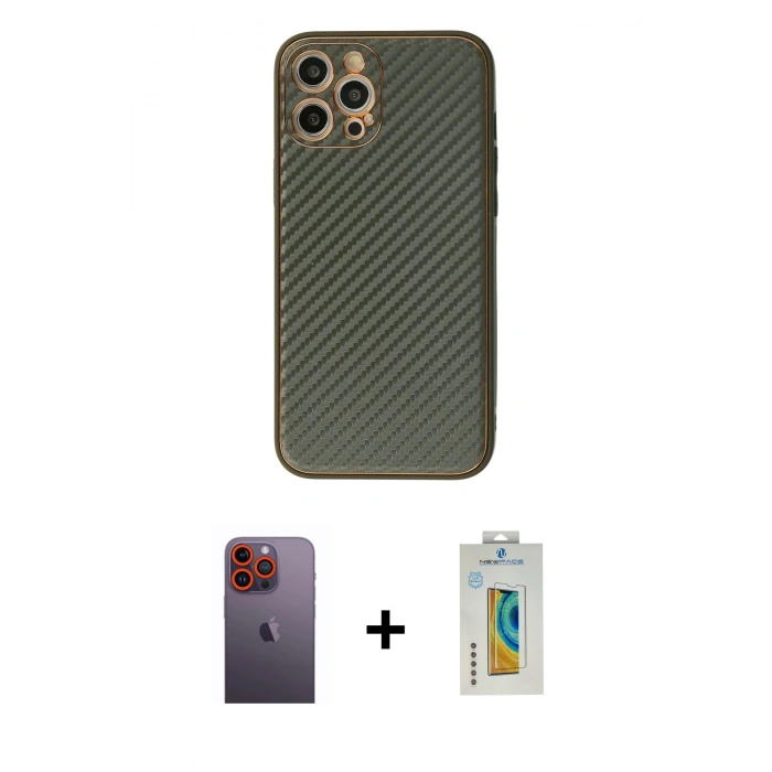 MARSİLYAN™- iPhone 12 Pro Kılıf Ahenk Işık - Siyah Polymer Nano Ekran Koruyucu + Neon Fosforlu Kamera Lens - TU