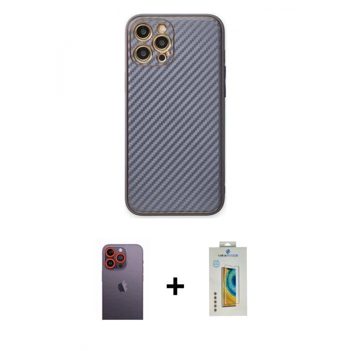 MARSİLYAN™- iPhone 12 Pro Kılıf Ahenk Işık - Siyah Polymer Nano Ekran Koruyucu + Neon Fosforlu Kamera Lens - TU