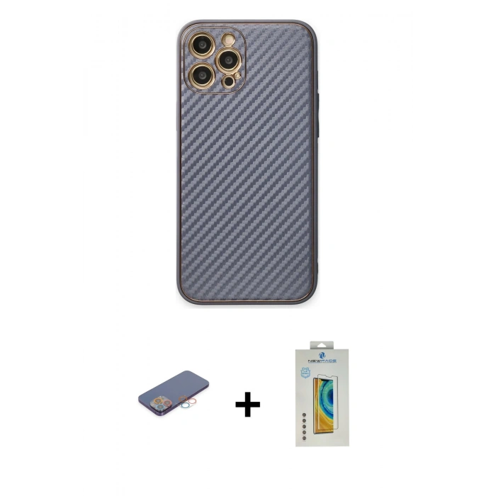 MARSİLYAN™- iPhone 12 Pro Kılıf Ahenk Işık - Siyah Polymer Nano Ekran Koruyucu + Pembe Renkli Kamera Lens Koruma Cam