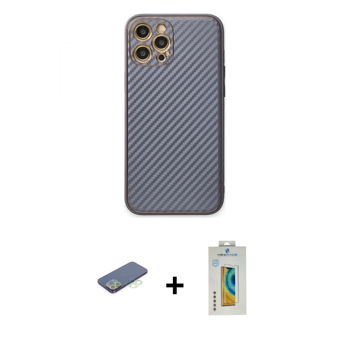 MARSİLYAN™- iPhone 12 Pro Kılıf Ahenk Işık - Siyah Polymer Nano Ekran Koruyucu + Renkli Kamera Lens Koruma Cam - YL