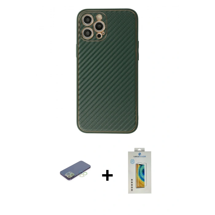 MARSİLYAN™- iPhone 12 Pro Kılıf Ahenk Işık - Siyah Polymer Nano Ekran Koruyucu + Renkli Kamera Lens Koruma Cam - YL