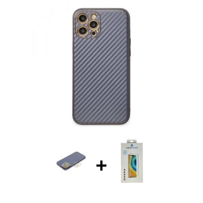 MARSİLYAN™- iPhone 12 Pro Kılıf Ahenk Işık - Siyah Polymer Nano Ekran Koruyucu + Renkli Kamera Lens Koruma Cam - SI