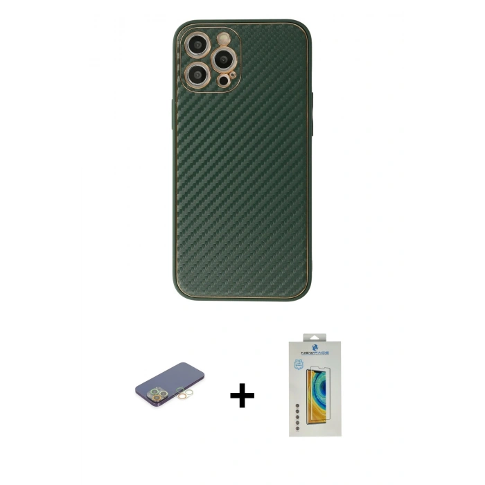 MARSİLYAN™- iPhone 12 Pro Kılıf Ahenk Işık - Siyah Polymer Nano Ekran Koruyucu + Renkli Kamera Lens Koruma Cam - SI