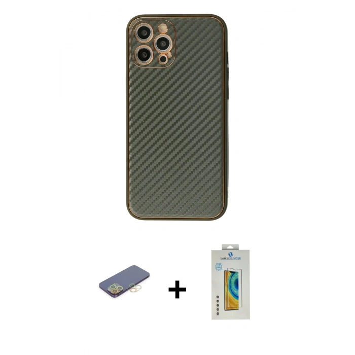 MARSİLYAN™- iPhone 12 Pro Kılıf Ahenk Işık - Siyah Polymer Nano Ekran Koruyucu + Renkli Kamera Lens Koruma Cam - SI