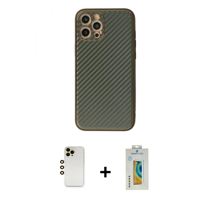 MARSİLYAN™- iPhone 12 Pro Kılıf Ahenk Işık - Siyah Polymer Nano Ekran Koruyucu + Shine Kamera Lens - GD