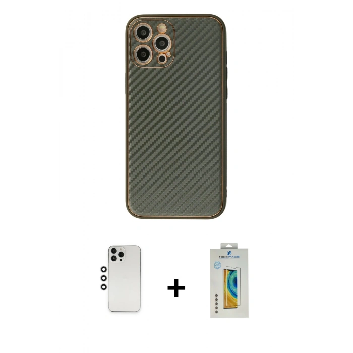 MARSİLYAN™- iPhone 12 Pro Kılıf Ahenk Işık - Siyah Polymer Nano Ekran Koruyucu + Shine Kamera Lens - GS